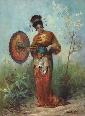 Japanse vrouw met parasol in buitenlucht