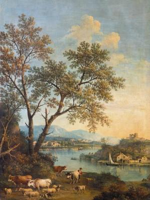 Rivierlandschap met dorp op de achtergrond