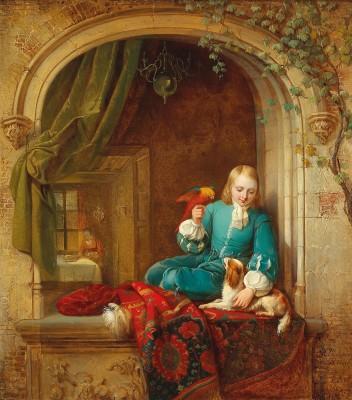 Boy at a window with dog and parrot