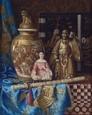 Still life met aziatische vaas en sculpturen - artwork in frame preview