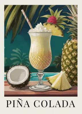 Verticale illustratie van een pina colada cocktail met ananas en botanische details, door Andreas Magnusson