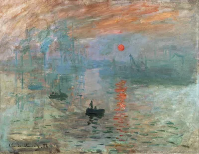 Horizontale illustratie van zonsopgang met boten op water en impressionistische penseelstreken