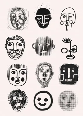 Verticale illustratie van twaalf abstracte gezichten in zwart-witte lijntekeningen zonder achtergrond