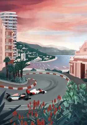 Verticale illustratie van het Monaco racecircuit bij avondschemering met gebouwen, racewagens en zee