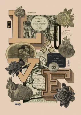 Verticale vintage interieurillustratie met collage en tekst in warme kleuren, getiteld met liefde