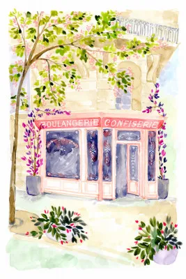 Verticale aquarelillustratie van een parijse boulangerie met bloemen en pastelkleuren in straatbeeld