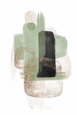 Verticale abstracte illustratie met groene, zwarte en gouden geometrische vormen en textuurrijke penseelstreken