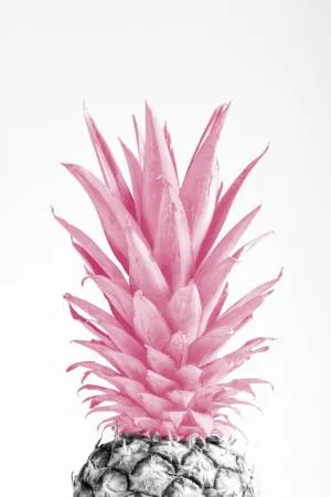 Verticale fruitfotografie van ananas in roze tinten met witte achtergrond, high-key stijl