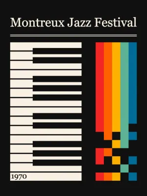 Verticale kleurrijke illustratie van Montreaux Jazz Festival met abstracte grafische vormen en outdoor sfeer