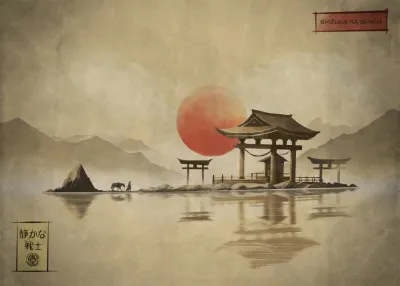 Horizontale Japanse waterverfillustratie van een samoerai in een rustig buitenlandschap