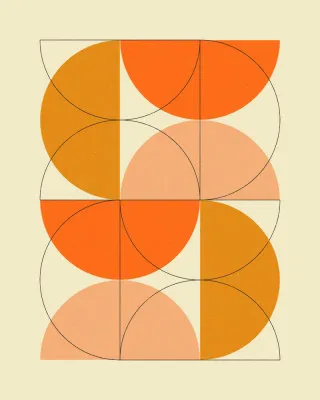 Verticale minimalistische illustratie met geometrisch patroon in oranje, roze en geel