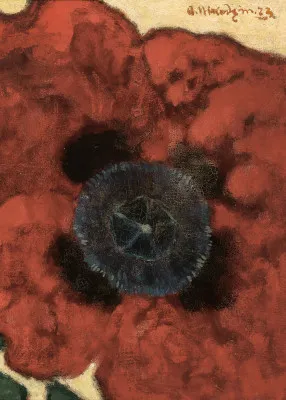 Verticale illustratie van een rode klaproos in een winterse buitenomgeving met kale takken en zachte kleuren