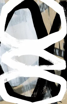 Verticale abstracte illustratie met gedurfde zwarte penseelstreken op witte achtergrond