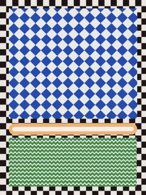 Verticale illustratie van blauw-witte geometrische diamanten in vintage stijl met grafisch zigzag- en dambordpatroon