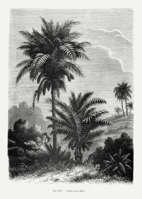 Zwart-wit vintage illustratie van een palmboom met botanische details in verticale compositie