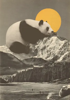 Illustratie van een slapende reuzenpanda in een berglandschap met zon, zwart-wit en kleuren