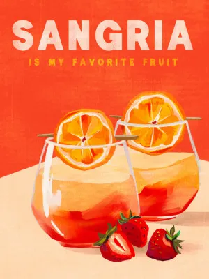 Illustratie van een glas sangria met citrusvruchten in een zomerse buitenomgeving met oranje tinten