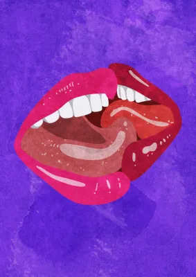 Verticale illustratie van een romantische kus tussen een paar in een buitenomgeving met rode en paarse tinten