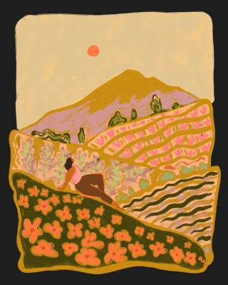 Verticaal portret van een veld met kleurrijke bloemen, mensen en bergen op de achtergrond