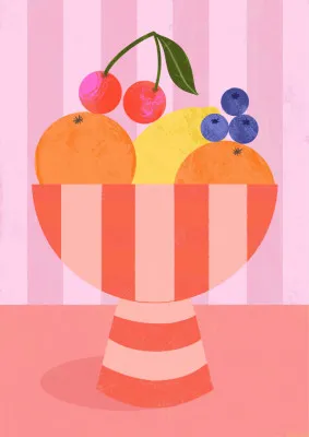 Verticale illustratie van fruit in een gestreepte kom met appels, perziken en citrus op een buitenlocatie