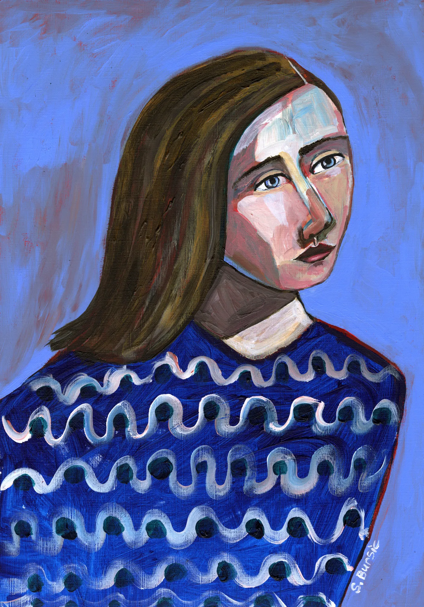 Vrouw in blauwe trui, naïef portret in verticale compositie