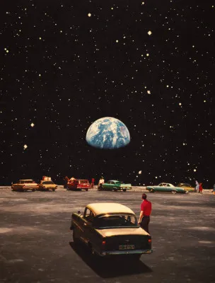 Verticaal vintage collage kunstwerk met een auto onder een sterrenhemel in een surrealistische ruimteomgeving