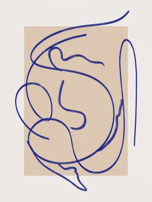 Verticale abstracte blauwe lijntekening met beige achtergrond en minimalistische buitenruimte