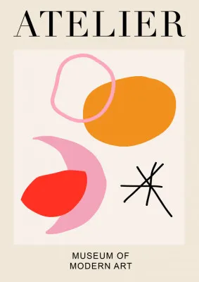 Verticale abstracte illustratie van een buitenatelier met grafische elementen en levendige kleuren