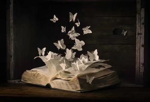 Horizontale foto van een open boek met origami-vlinders die opstijgen in een buitenlucht scène vol kleur en verbeelding