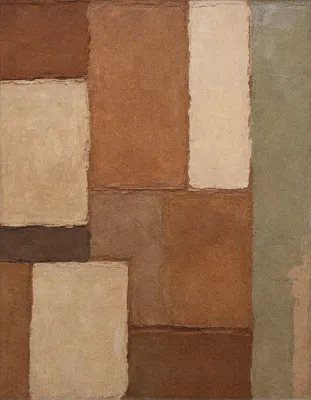 Verticale abstracte illustratie met warme aardse tinten en rijke penseelstreken