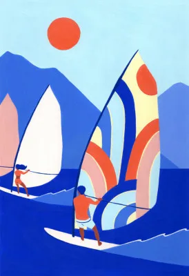 Verticale gouache illustratie van windsurfer op blauwe zee met roze en oranje zonsondergang en bergen op de achtergrond