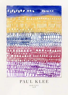 Verticale aquarelillustratie van een oude stad met diverse kleuren, geïnspireerd door Paul Klee