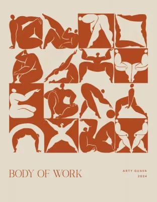 Verticale illustratie Body of Work in terracotta tinten door Arty Guava met outdoor scène en warme beige en rode kleuren