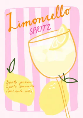 Verticale illustratie van citrus cocktail limoncello spritz in roze en geel met vintage stijl en zomerfruit op keukenwand