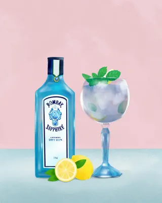 Verticale illustratie van een gin cocktail met citroen en limoen in blauw en roze tinten