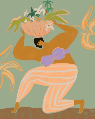 Verticale illustratie van een vrouw met kleurrijke bloemen en tropische botanische elementen