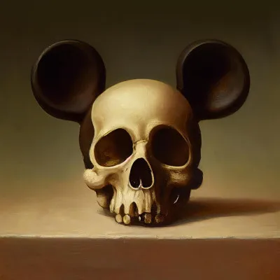 vierkante surrealistische illustratie met schedel, botten en kleurrijke buitenomgeving