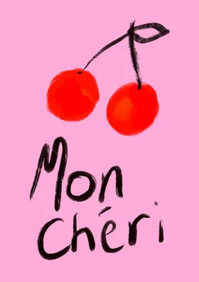 Verticale illustratie Moncheri Ratioiso met kleurrijke fruitmotieven en handgeschreven tekst in een outdoor scène