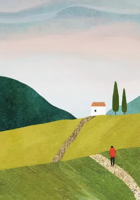 Verticale illustratie van mensen wandelend langs huizen in de Carpathian Mountains met glooiende heuvels en diverse kleuren