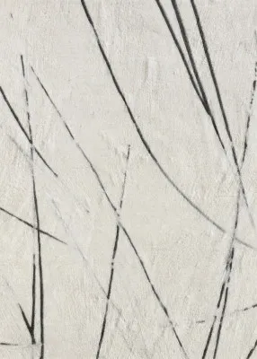 Verticale minimalistische lijntekening met neutrale beige, grijs en witte tinten in een Japandi interieur