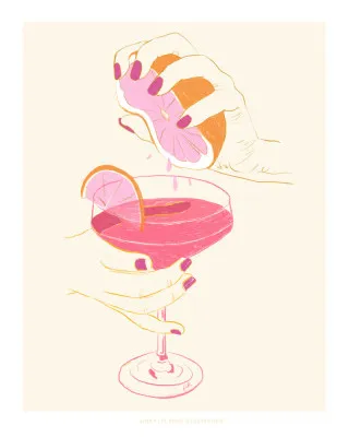 Verticale illustratie van mensen die genieten van een citruscocktail in een buitenomgeving met zachte kleuren