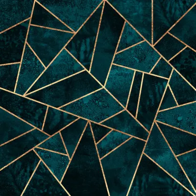Abstract vierkant kunstwerk met geometrische vormen en diepe teal, turquoise en gouden lijnen in een buitenscène