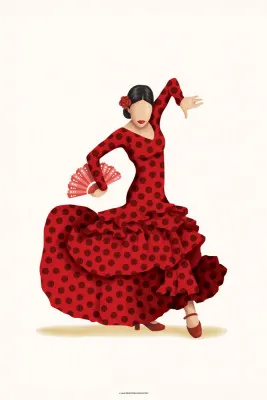 Illustratie van een flamencodanseres in rode jurk met witte waaier in een sierlijke pose tegen een lichte achtergrond