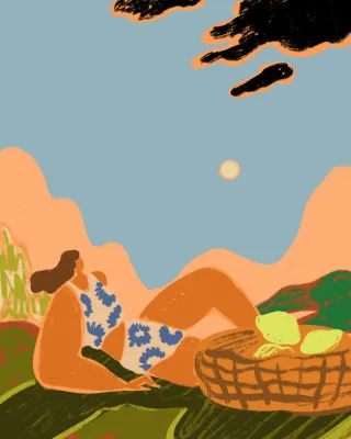 Verticale illustratie van mensen in tropische zomerse buitenomgeving met kleurrijke strepen en moderne stijl