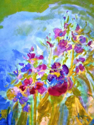 Verticale abstracte acrylschildering van bloemen in levendige blauw- en groentinten