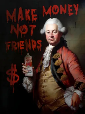 Verticale illustratie met menselijke gezichten, straattaferelen en tekst 'make money not friends' in stedelijke setting