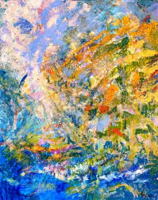 Verticale abstracte schilderij met groene tinten en dynamische penseelstreken, moderne kleurrijke muurdecoratie