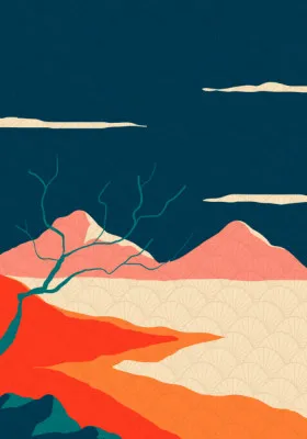 Verticale illustratie van de Yarlung Zangbo rivier met kleurrijke koi karpers en abstracte aquarelvormen