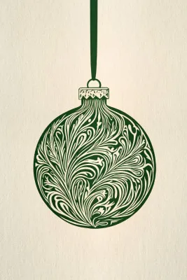 Verticale illustratie van een olijfgroene kerstbal met grafische lijnen en winterse sfeer