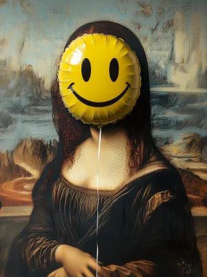 Verticaal portret van de Mona Lisa met een gele smiley ballon in een buitenlucht bij zonsopgang